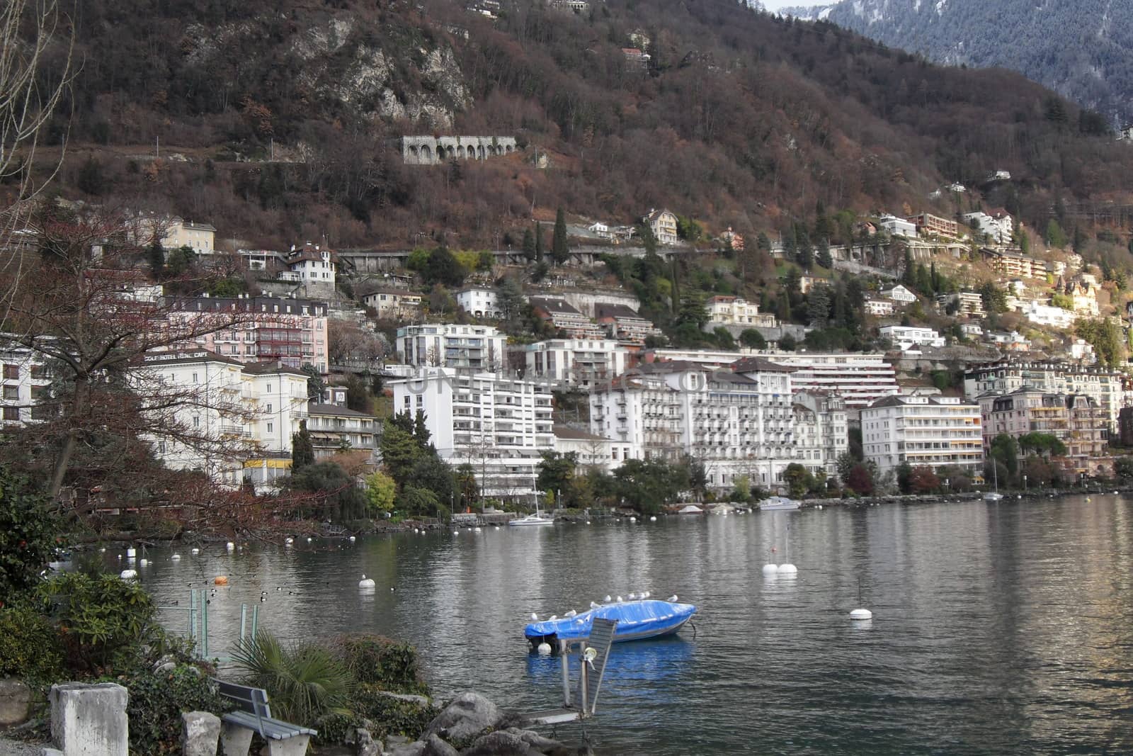 Montreux, Switzerland - 29 December 2011: A beaufitul view of Montreaux, a wonderful small town near to Geneva lake