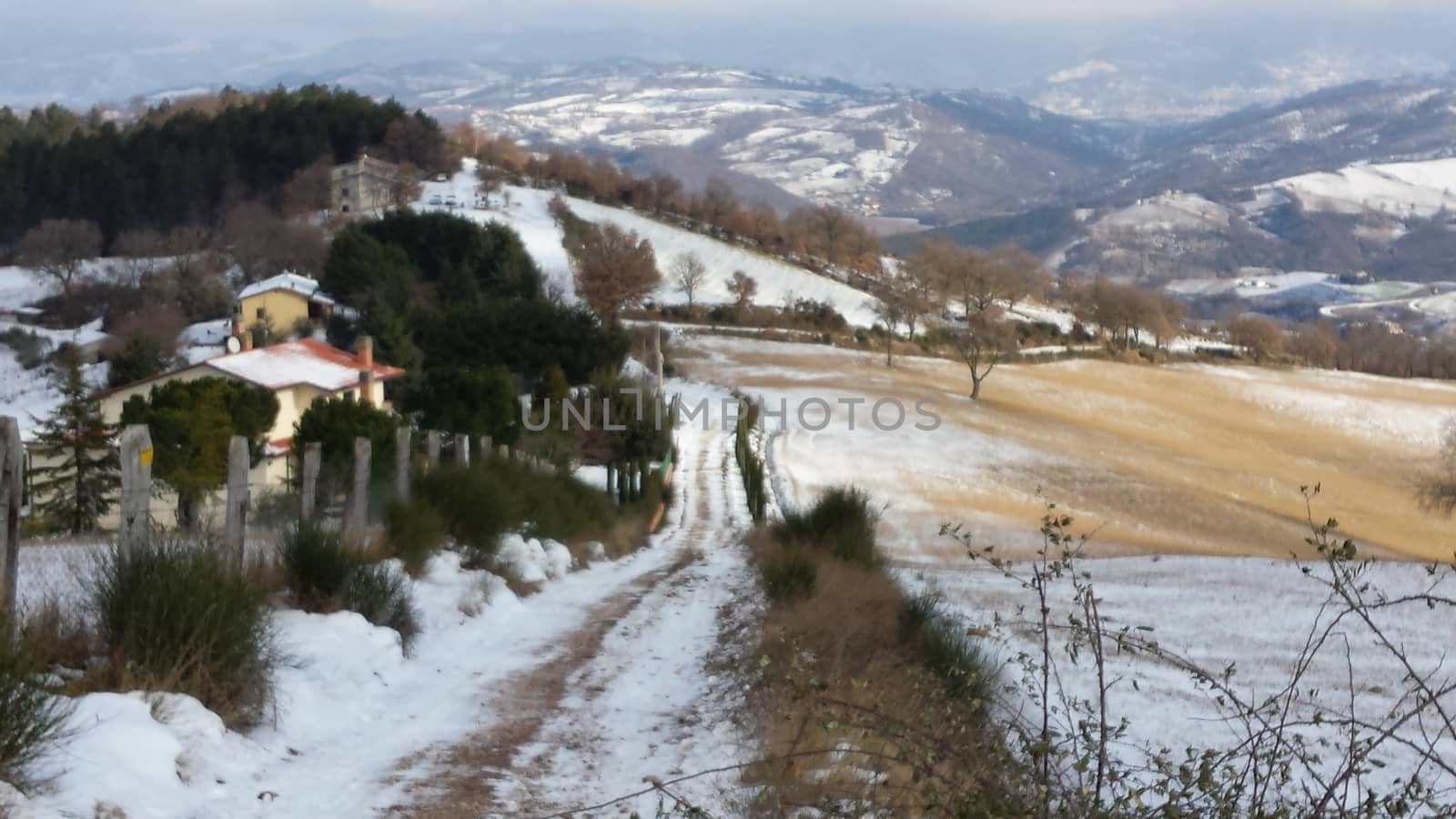 The countryside of Umbria near to Gubbio under the snow during the Winter - Beautiful landscape covered by snow in a sunny day by matteobartolini