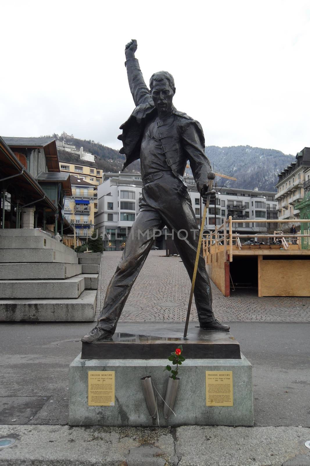 Statue of Freddie Mercury, frontman of Queen, in Montreux, Switzerland, a beautiful small town near to Geneva lake by matteobartolini