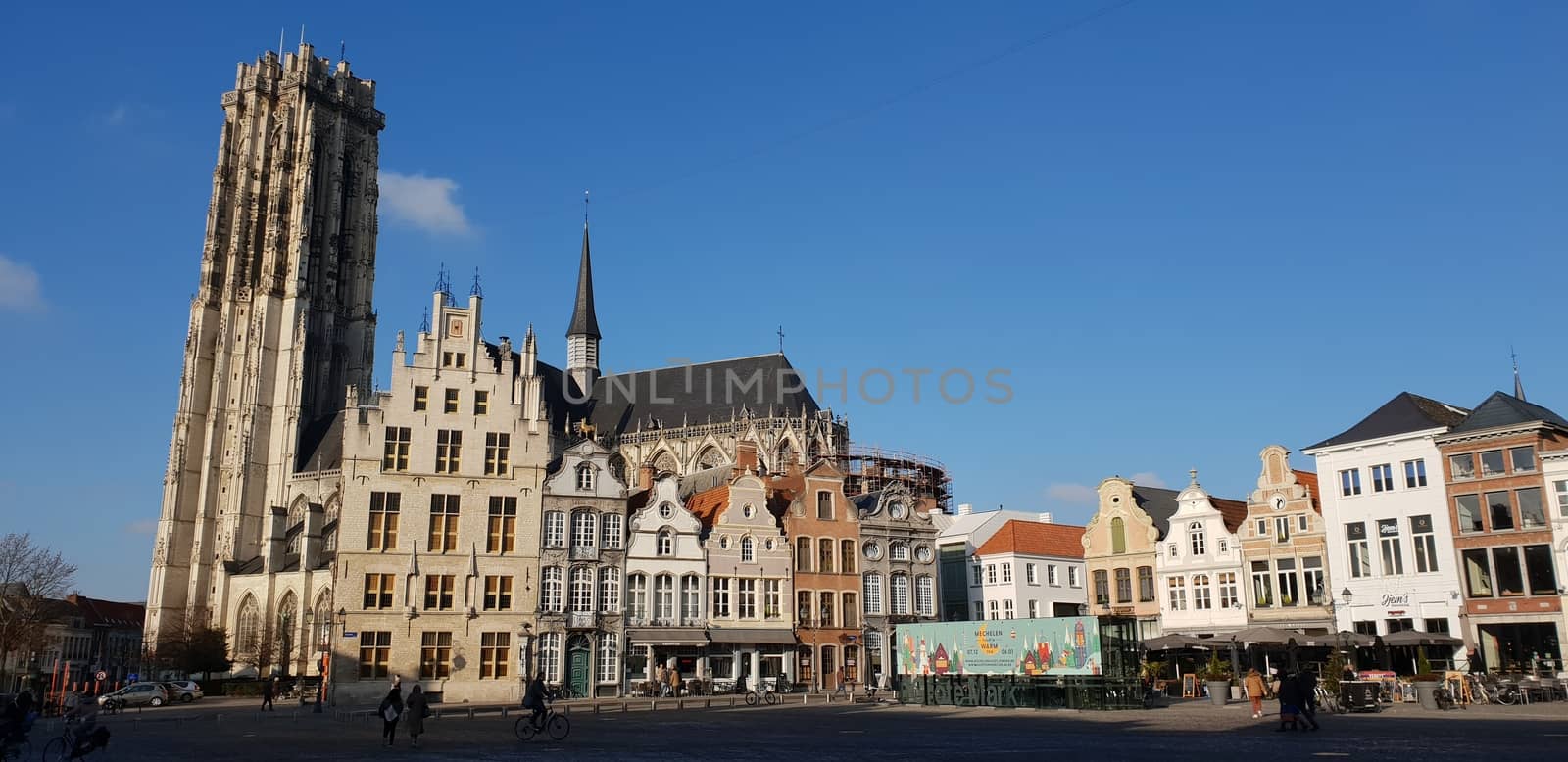 Mechelen, Flanders, Belgium - December 13, 2018: The Mechelen square and the St. Rumbold's Cathedra in the historical city center in Mechelen (Malines)