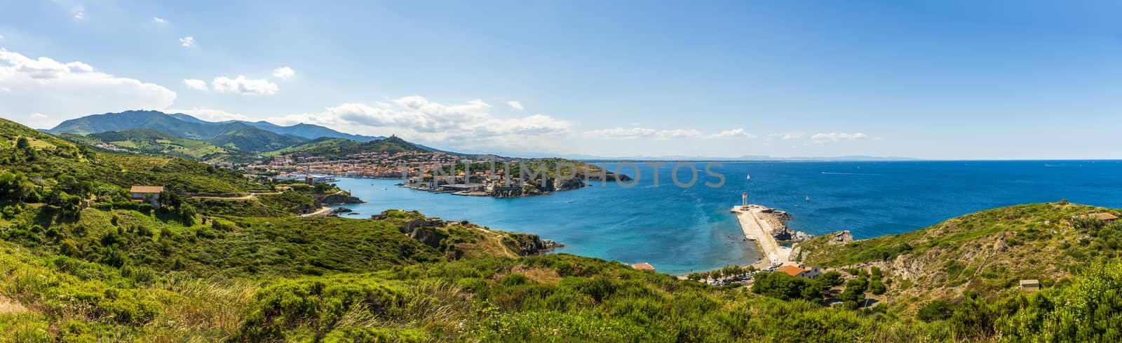 Magnificent panorama of Port-Vendres and the surrounding area. On the Mediterranean coast in the department of Pyrénées-Orientales, in the Occitanie region, in the south of France.