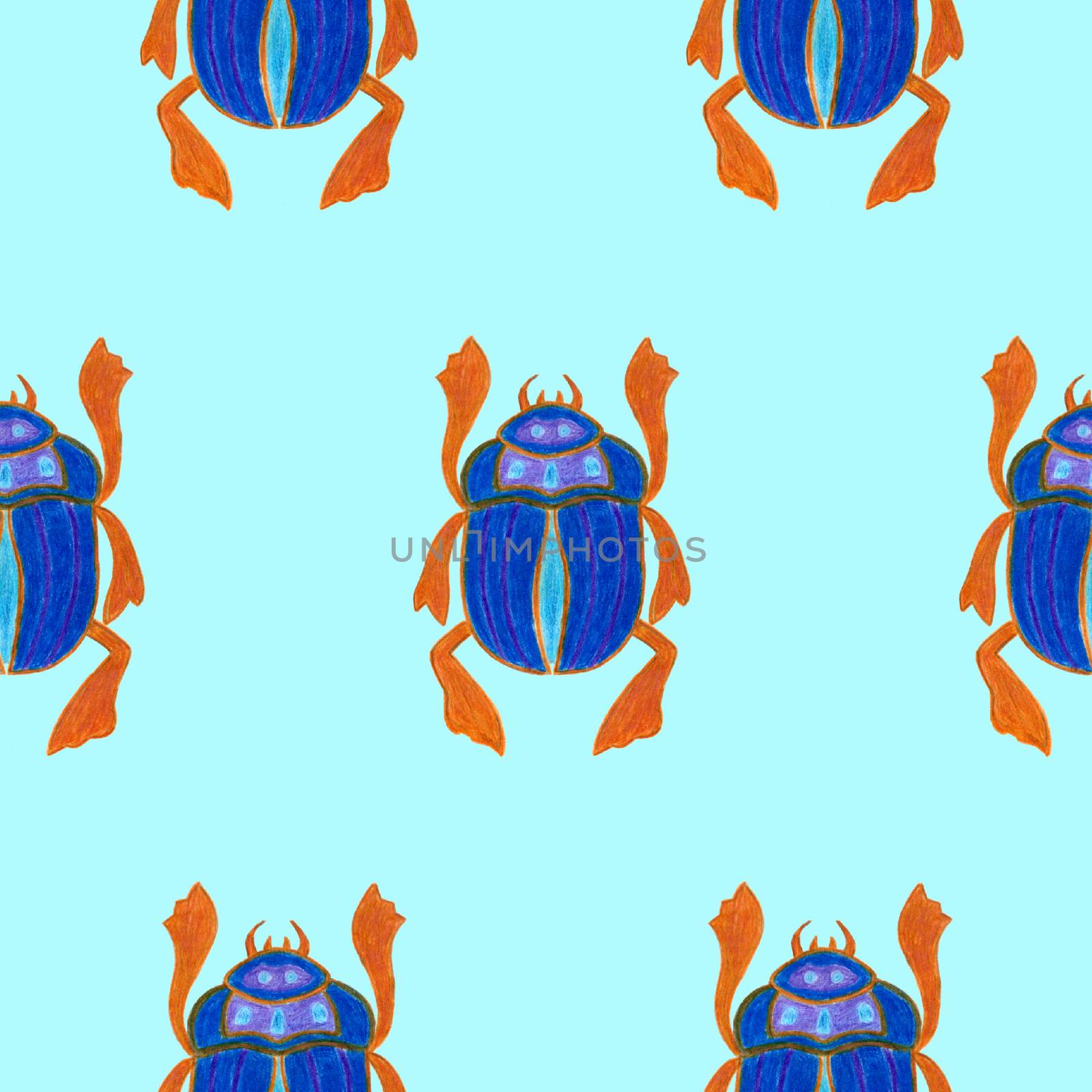 Scarab isolated on blue background. Seamless pattern with Bug insect, Beetles. Design for wrapping paper, cover, greeting card, wallpaper, fabric.