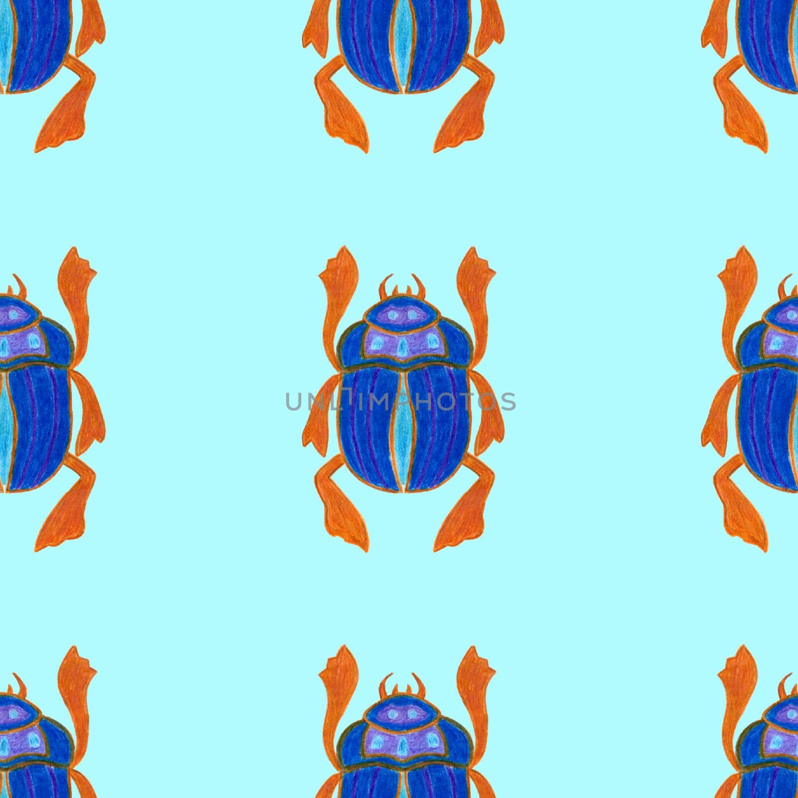 Scarab isolated on blue background. Seamless pattern with Bug insect, Beetles. Design for wrapping paper, cover, greeting card, wallpaper, fabric by sshisshka