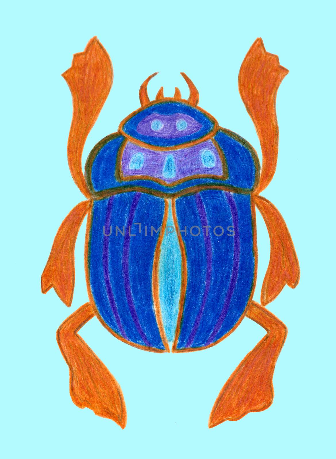 Blue scarab isolated on light background. Ancient sacred insect. Egyptian culture. Bug Symbol of the sun. Beetle logotype. Hand drawn illustration. Colored pencils technique.