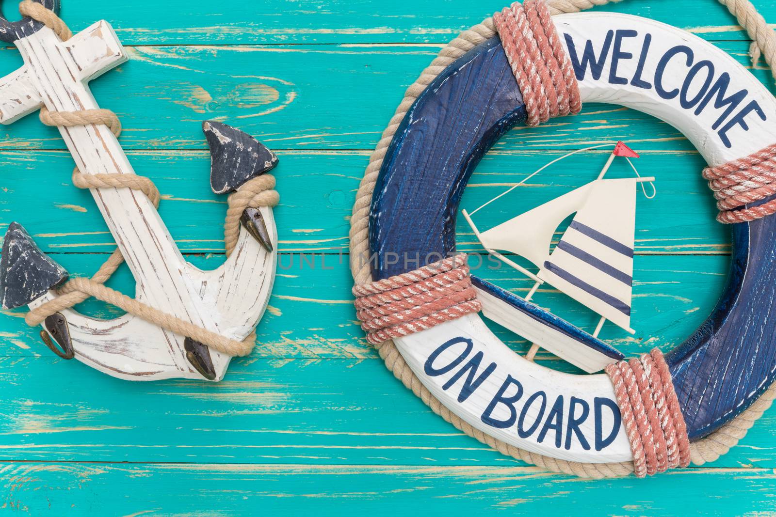Vintage style of seashore decors on blue wooden background.