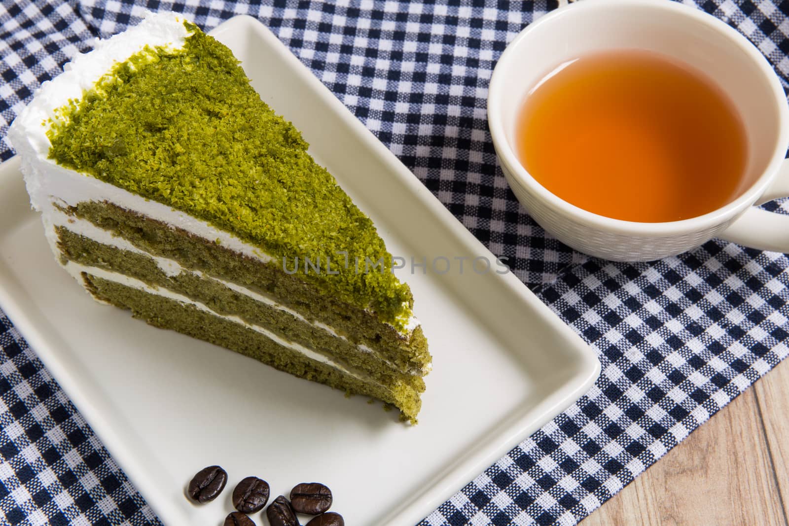 Freshly baked green tea cake for tea break.