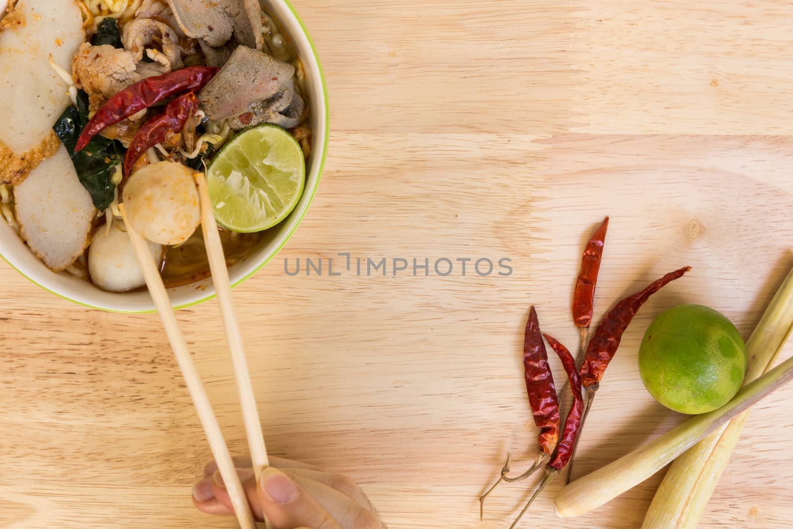 Tom Yum Spicy Soup Noodle with Fish Ball and Pork : Popular Thai Food