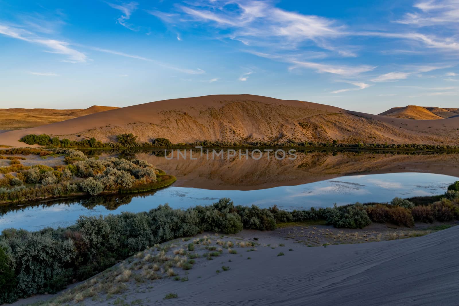 Desert oasis of water with vegetation along with blue sky and clouds at Bruneau Dunes, Idaho.