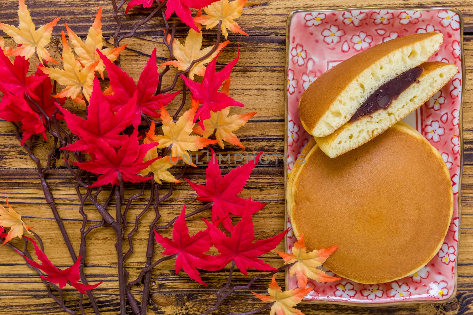 Dorayaki or Japanese pancake filled with red bean paste.