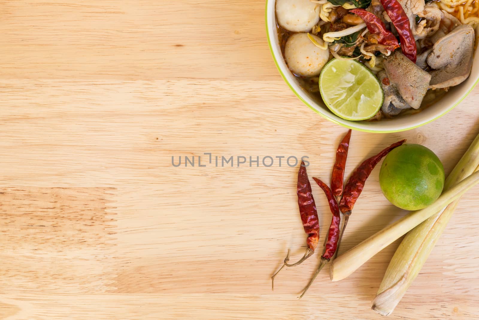 Tom Yum Spicy Soup Noodle with Fish Ball and Pork : Popular Thai Food