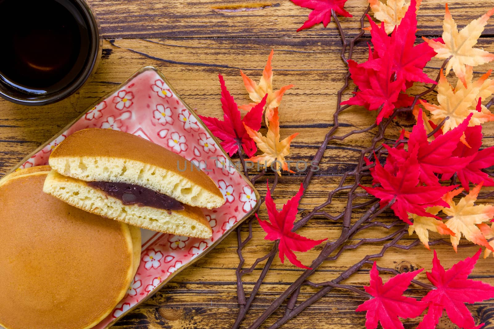 Dorayaki or Japanese pancake filled with red bean paste.