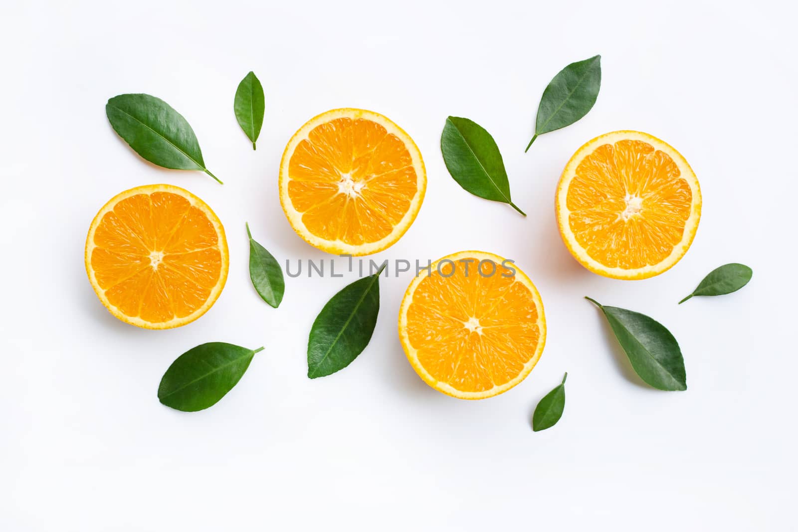 Top view of orange fruits and leaves isolated on white background.