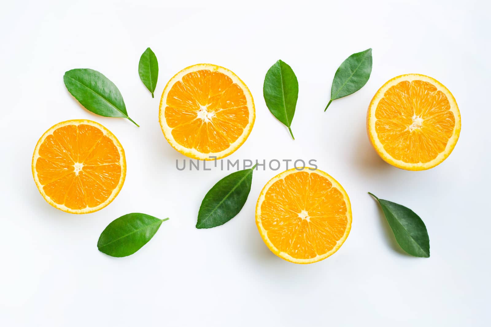 Top view of orange fruits and leaves isolated on white background.