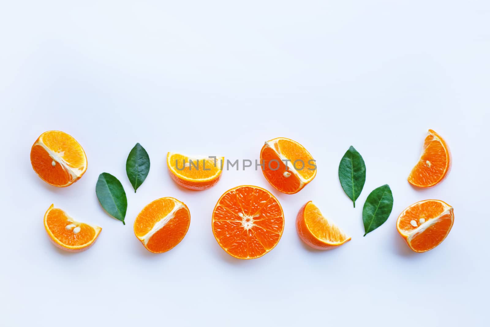 Orange citrus fruit on white background.  Top view, Copy space