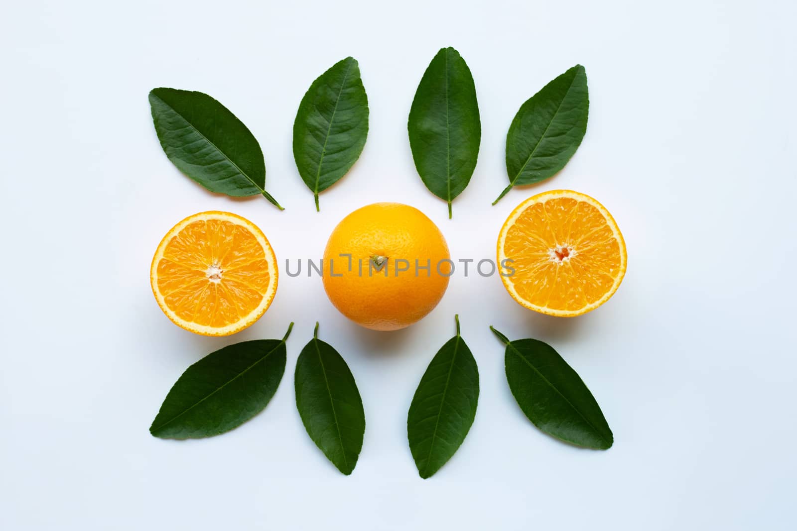 Oranges and green leaves on white background.