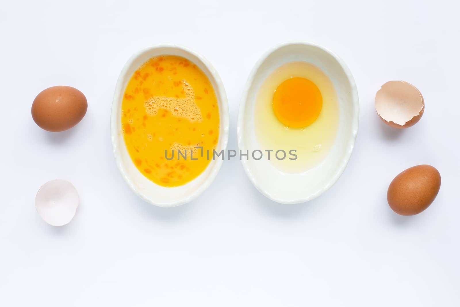 Eggs on white background. Top view
