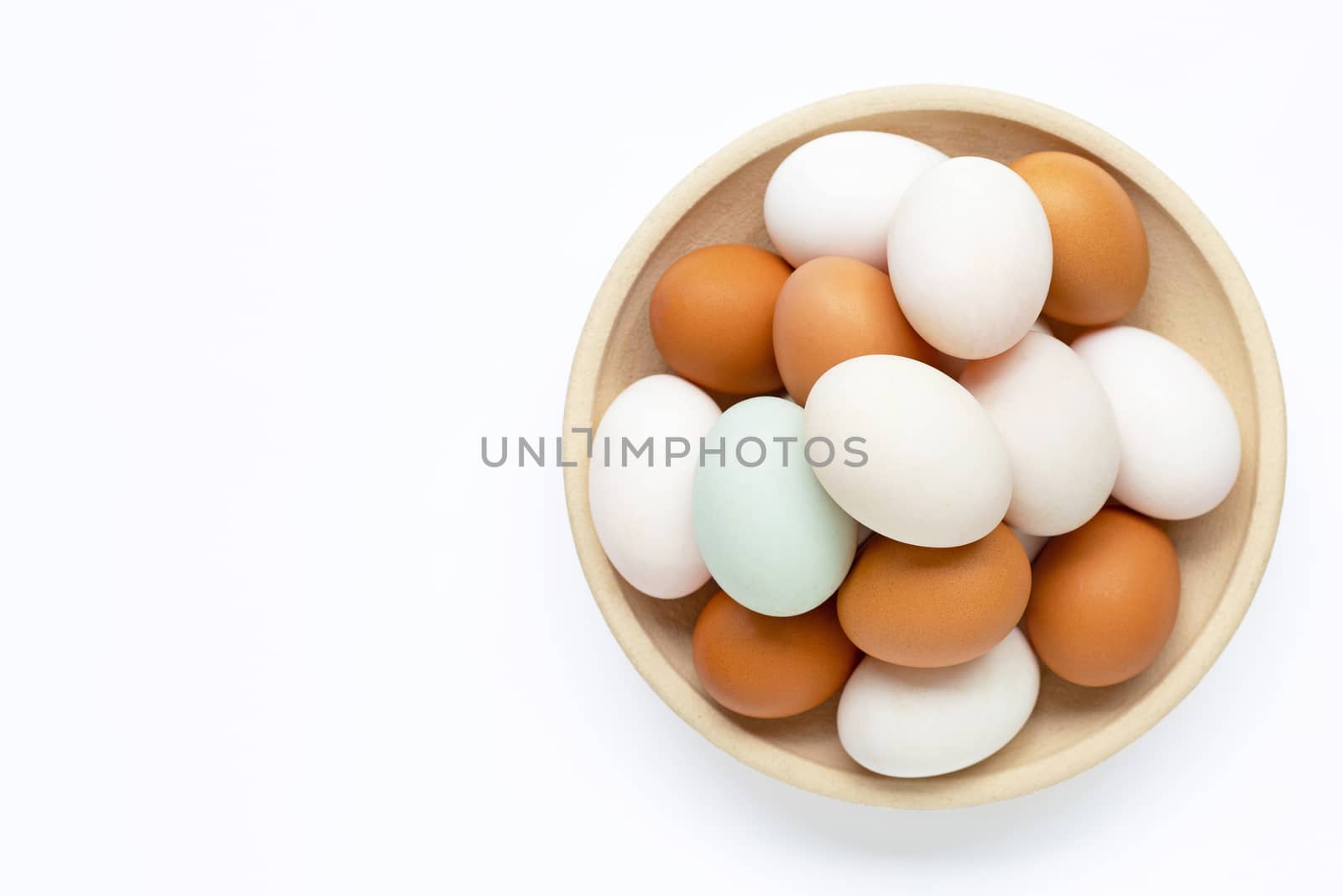 Eggs on white background. Top view