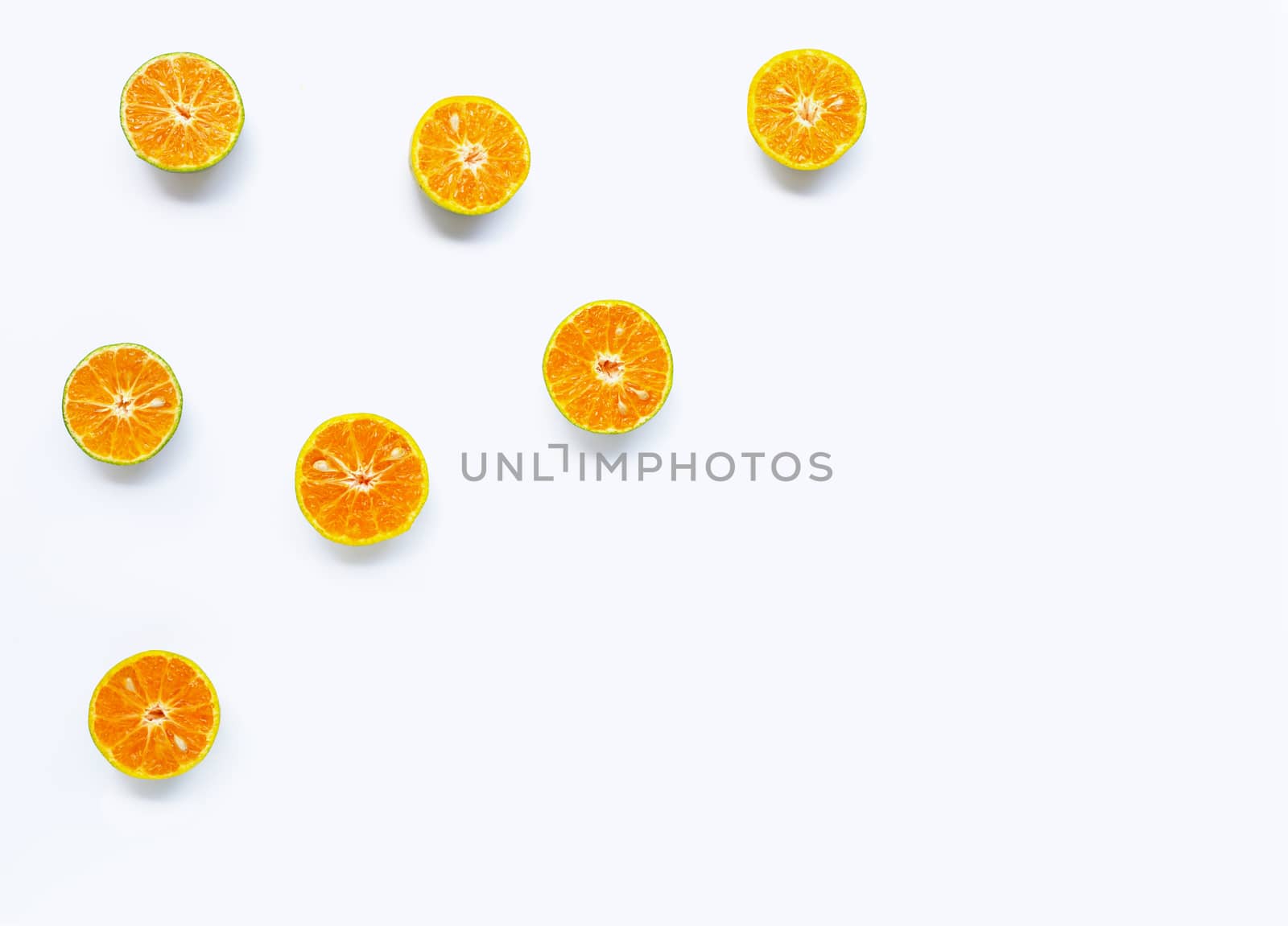 Fresh orange citrus fruit on white background. Copy space