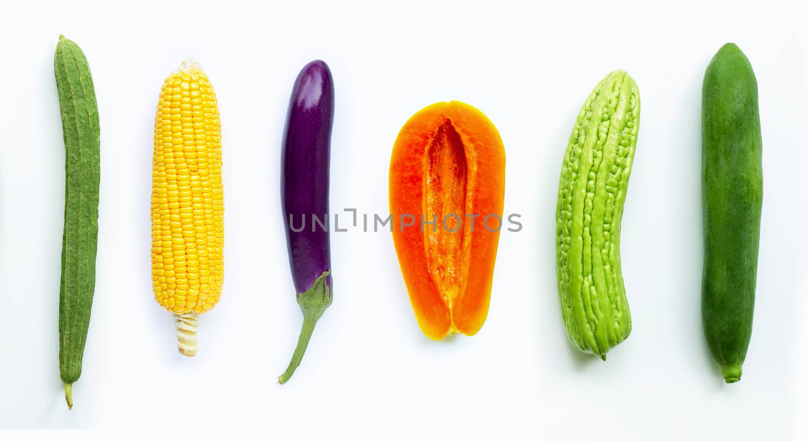 Fruit and vegetables. Luffa acutangula, corn, eggplant, papaya, bitter melon,  green papaya on white background.