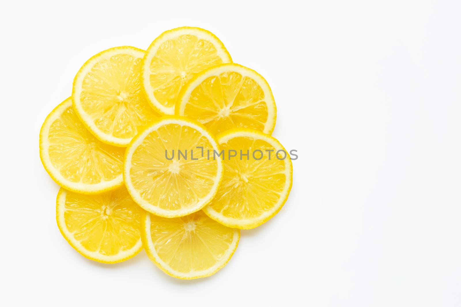 Fresh lemon  slices on white background. Copy space