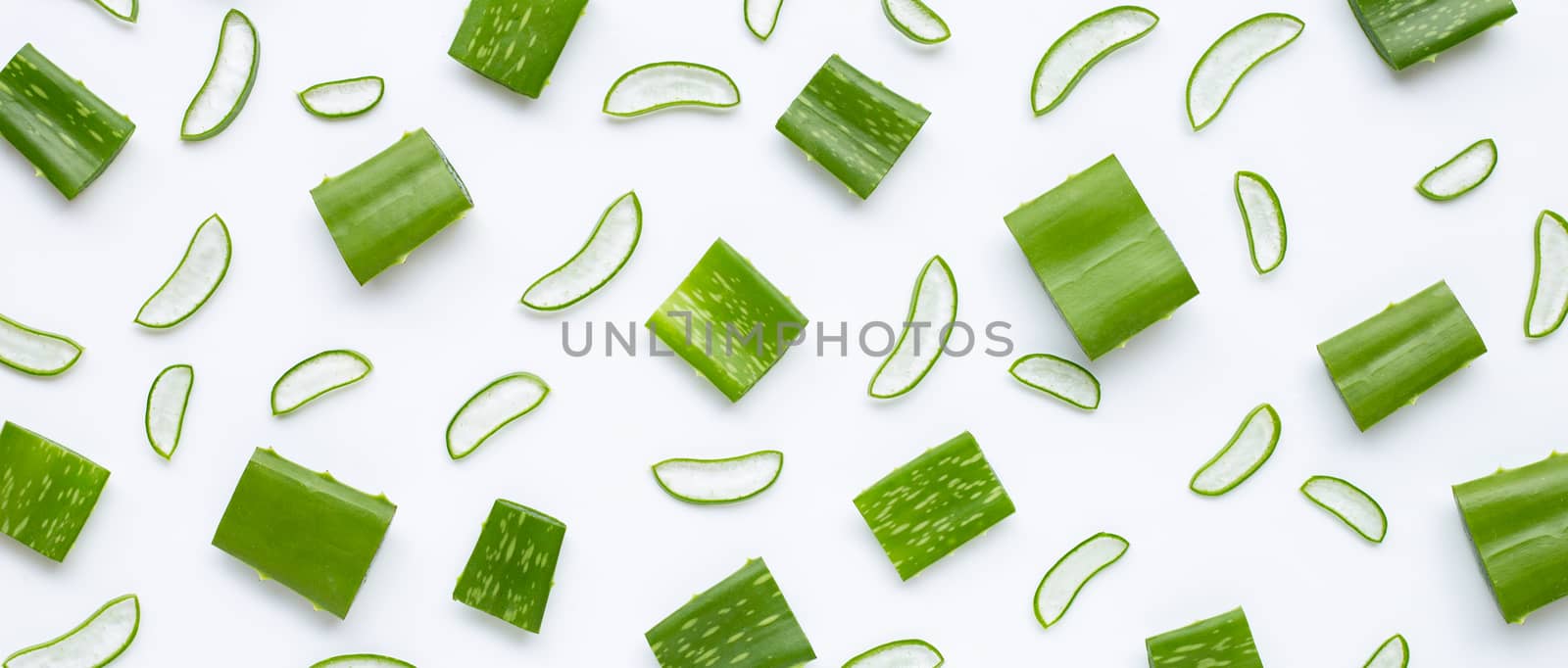 Aloe Vera leaves cut pieces with slices on white background.