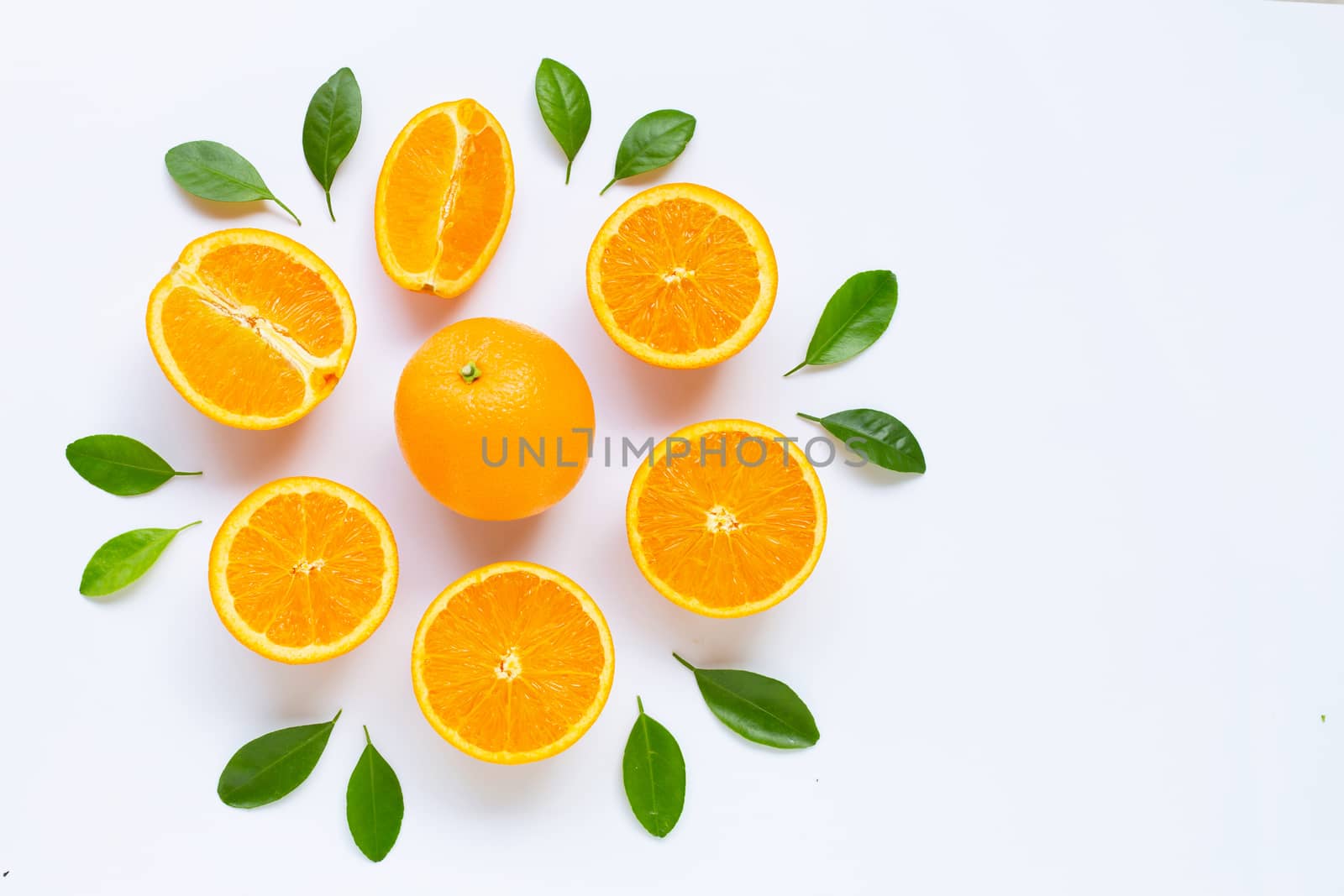 Fresh orange citrus fruit with leaves isolated on white background. Juicy and sweet