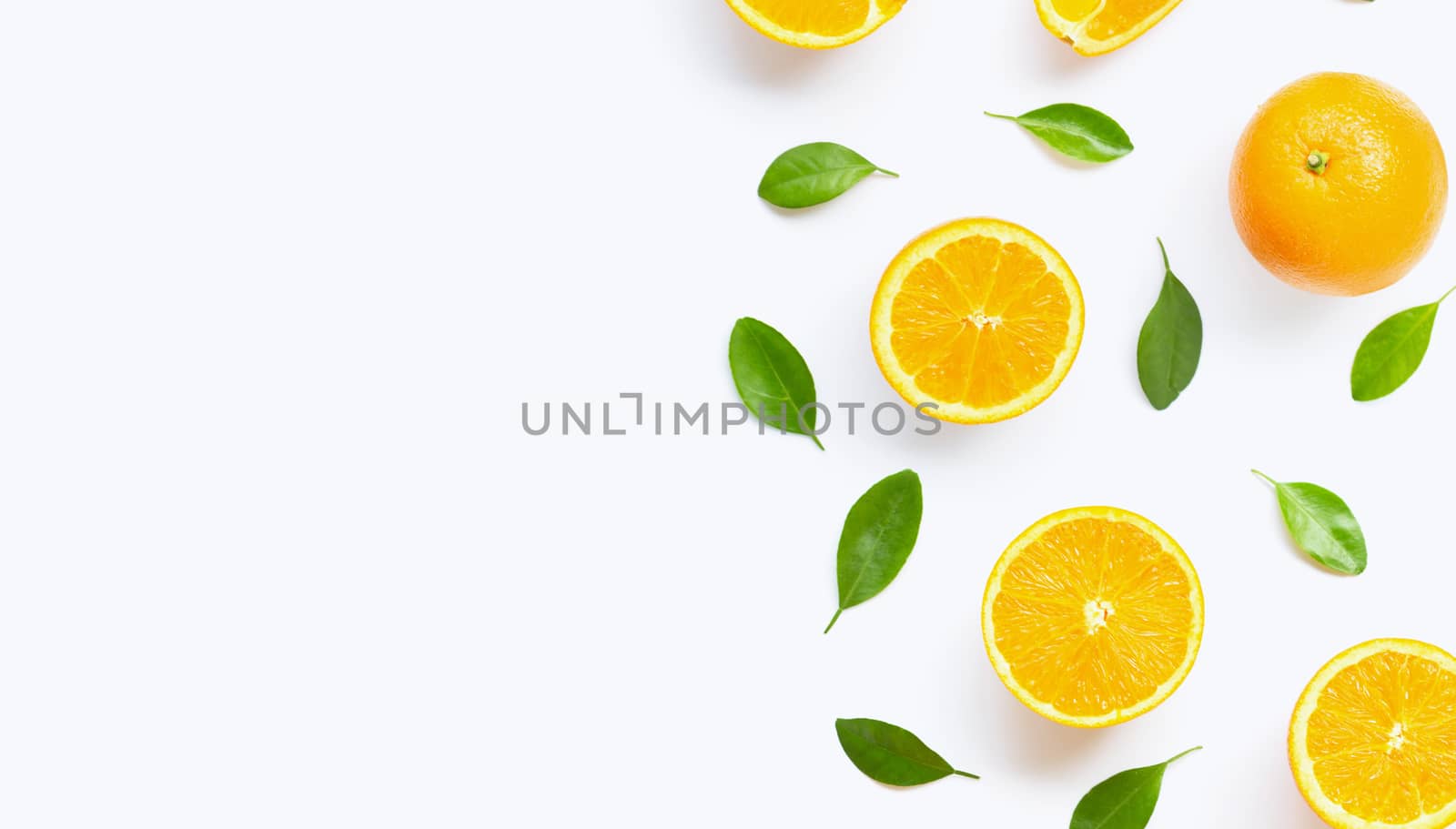 Fresh orange citrus fruit with leaves isolated on white background. Juicy and sweet