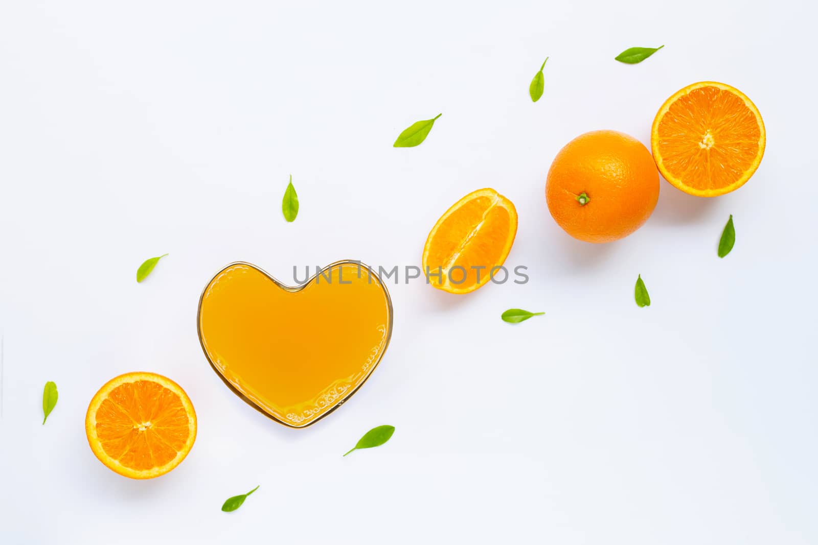 Fresh orange citrus fruit with leaves isolated on white background. Juicy and sweet