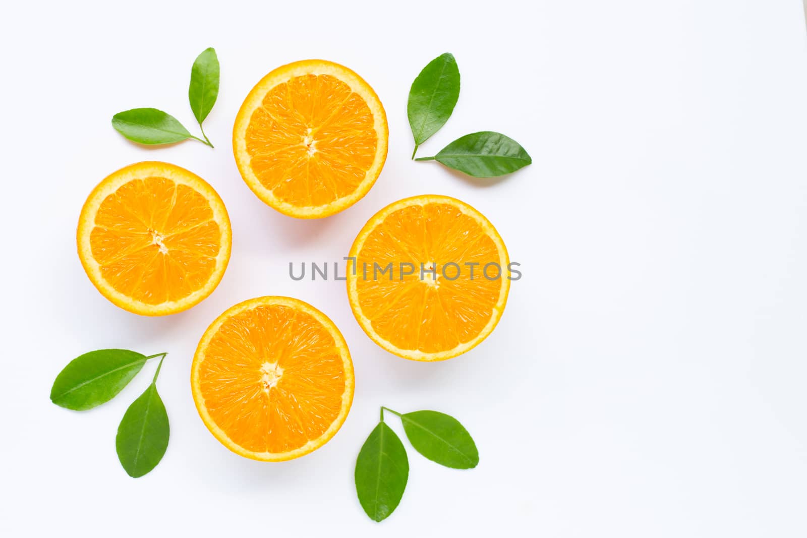 Fresh orange citrus fruit with leaves isolated on white background. Juicy and sweet