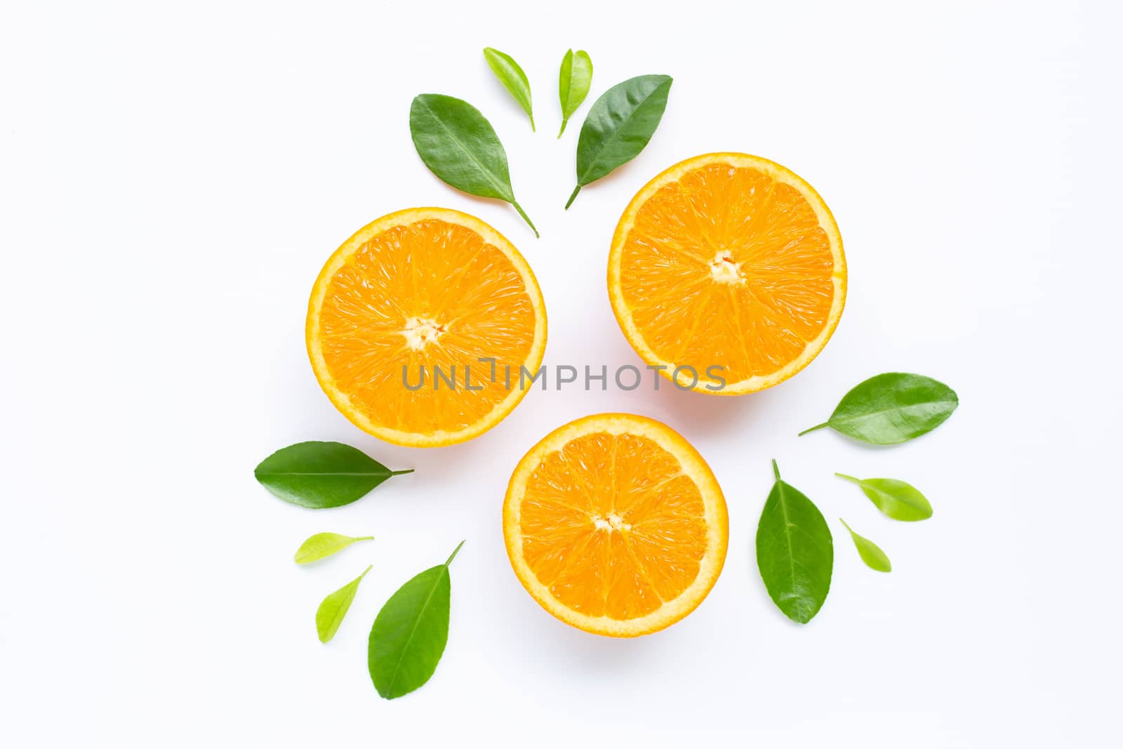 Fresh orange citrus fruit with leaves isolated on white background. Juicy and sweet