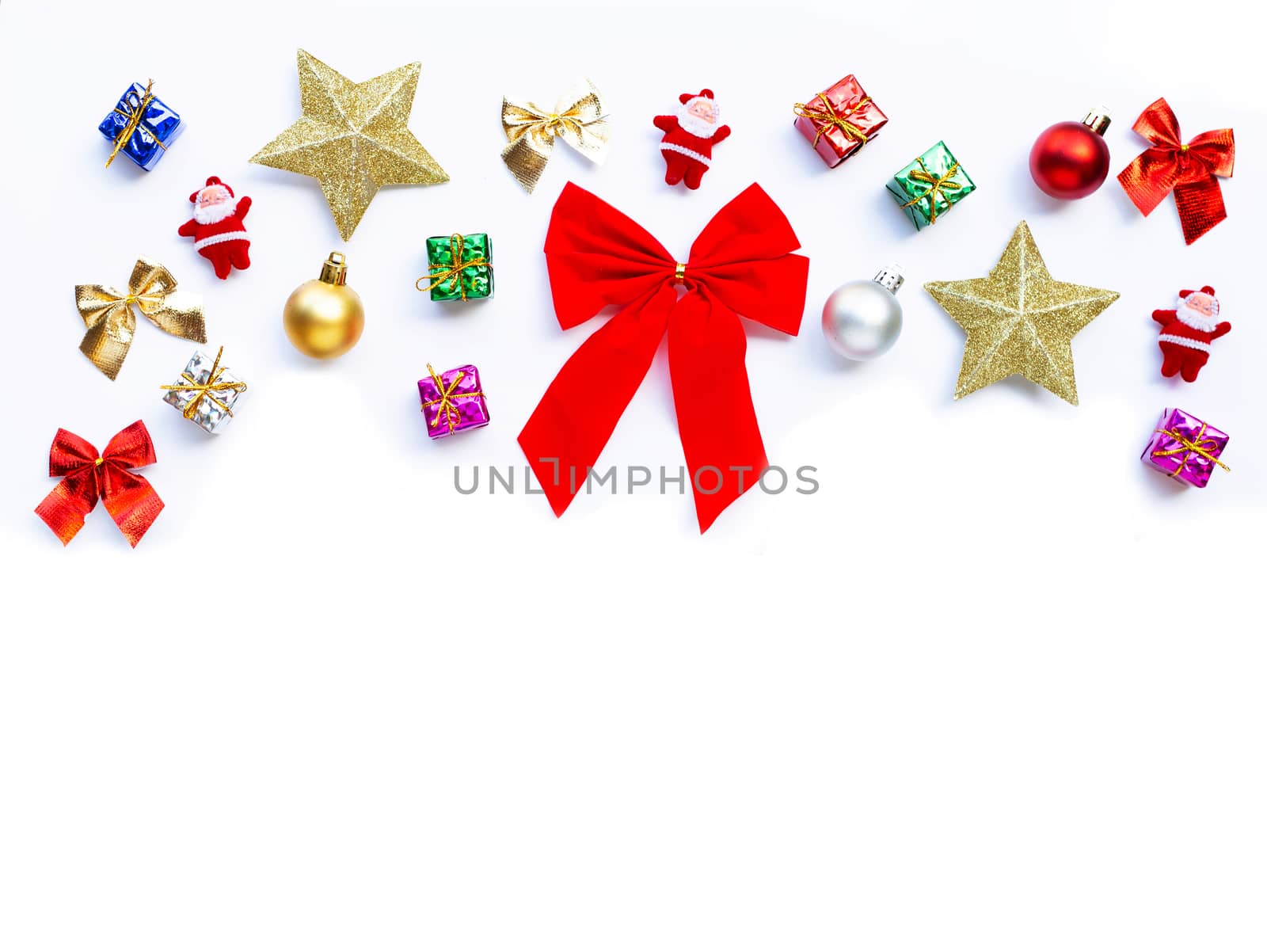 Merry Christmas and Happy Holidays, Christmas composition. gifts, pine branches and decorations on white background.