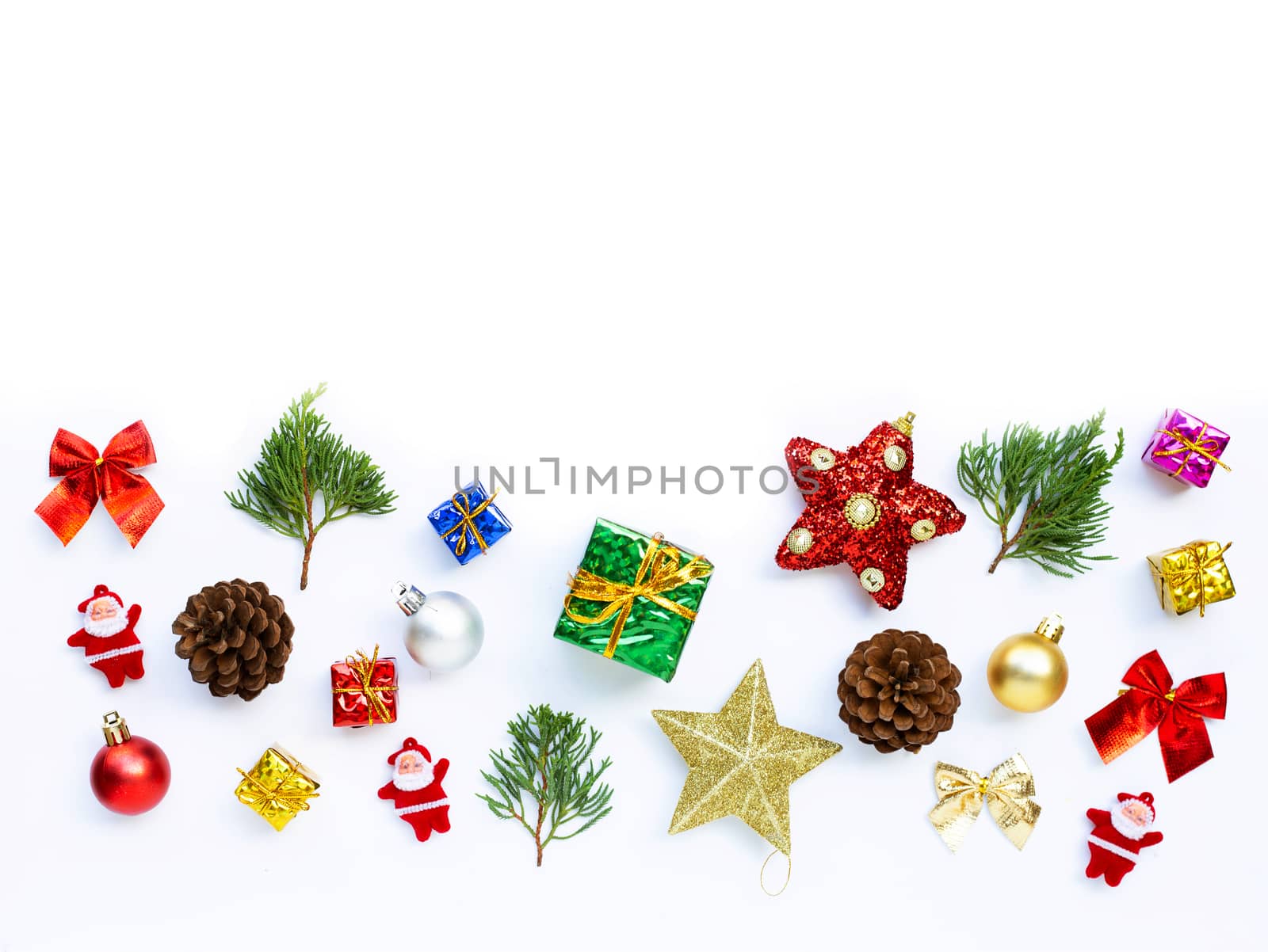 Merry Christmas and Happy Holidays, Christmas composition. gifts, pine branches and decorations on white background.