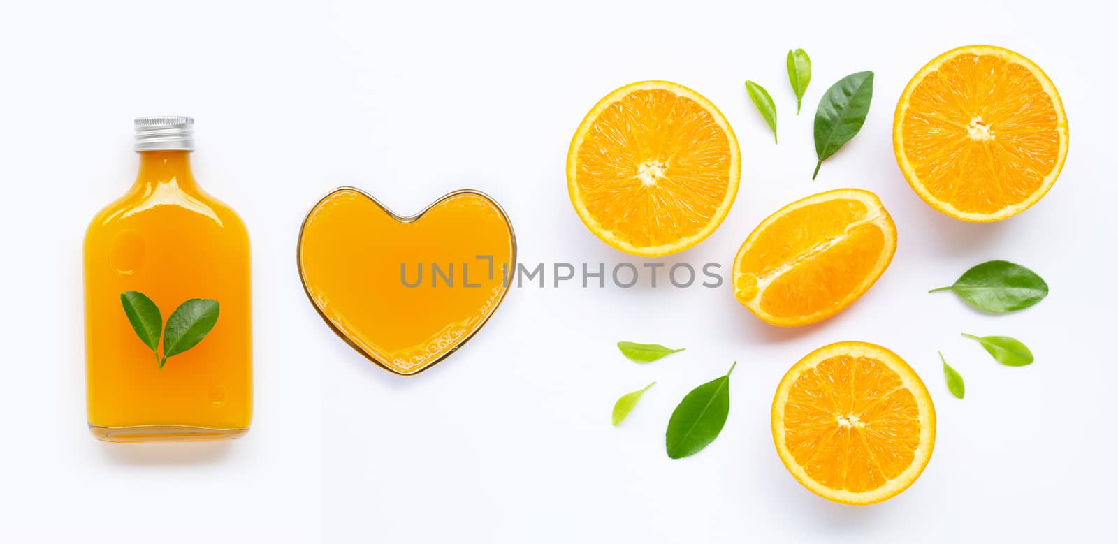 Fresh orange juice with orange fruit on white background. by Bowonpat