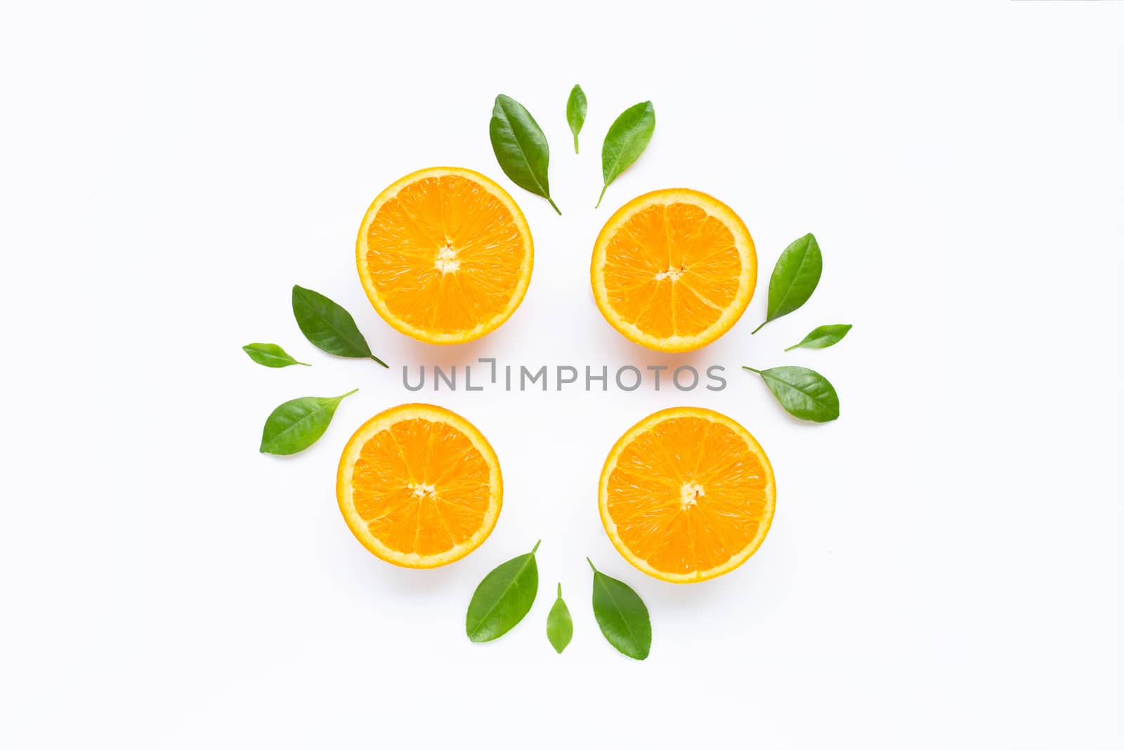Fresh orange citrus fruit with leaves isolated on white background. Juicy and sweet
