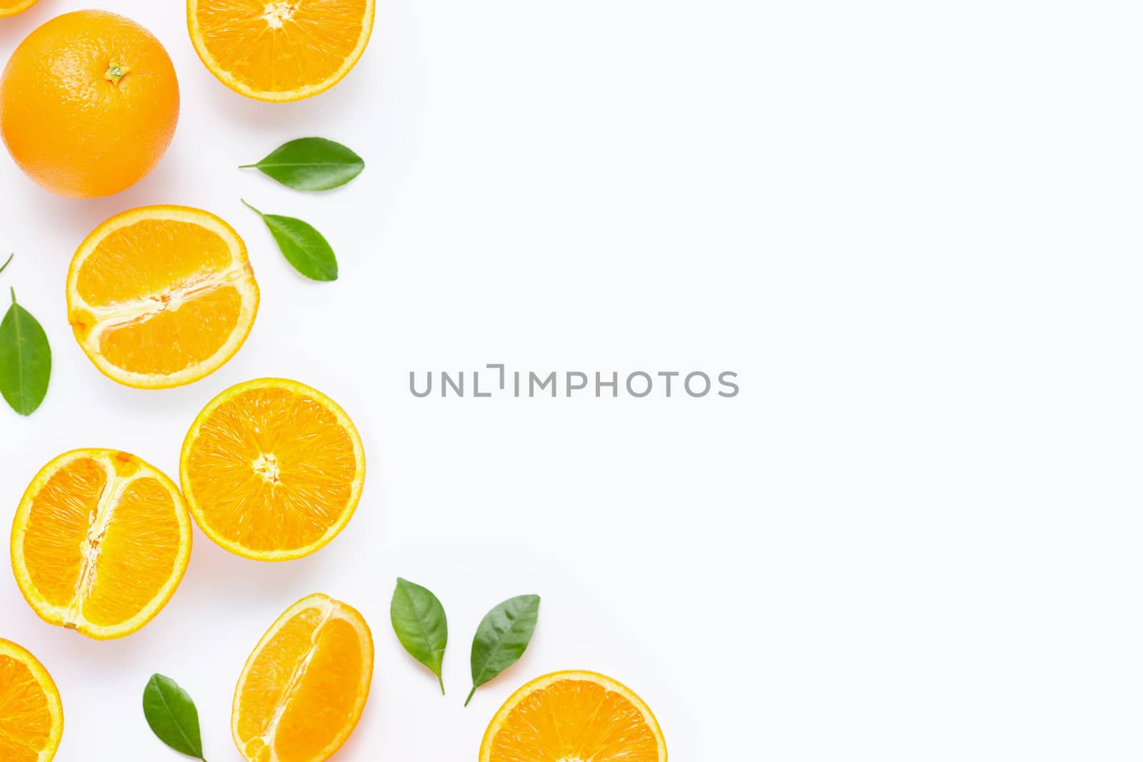 Fresh orange citrus fruit with leaves isolated on white background. Juicy and sweet