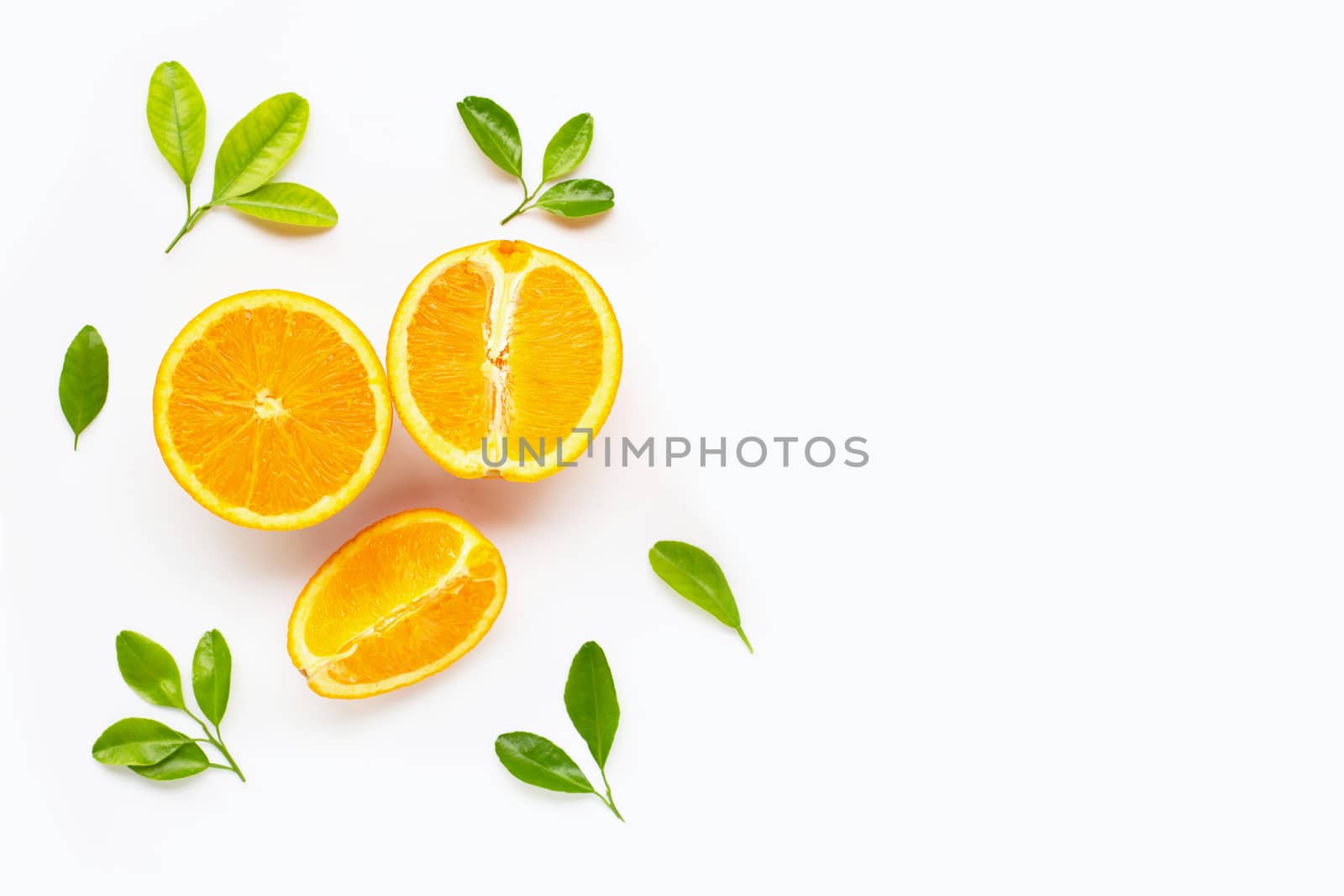 Fresh orange citrus fruit with leaves isolated on white background. Copy space