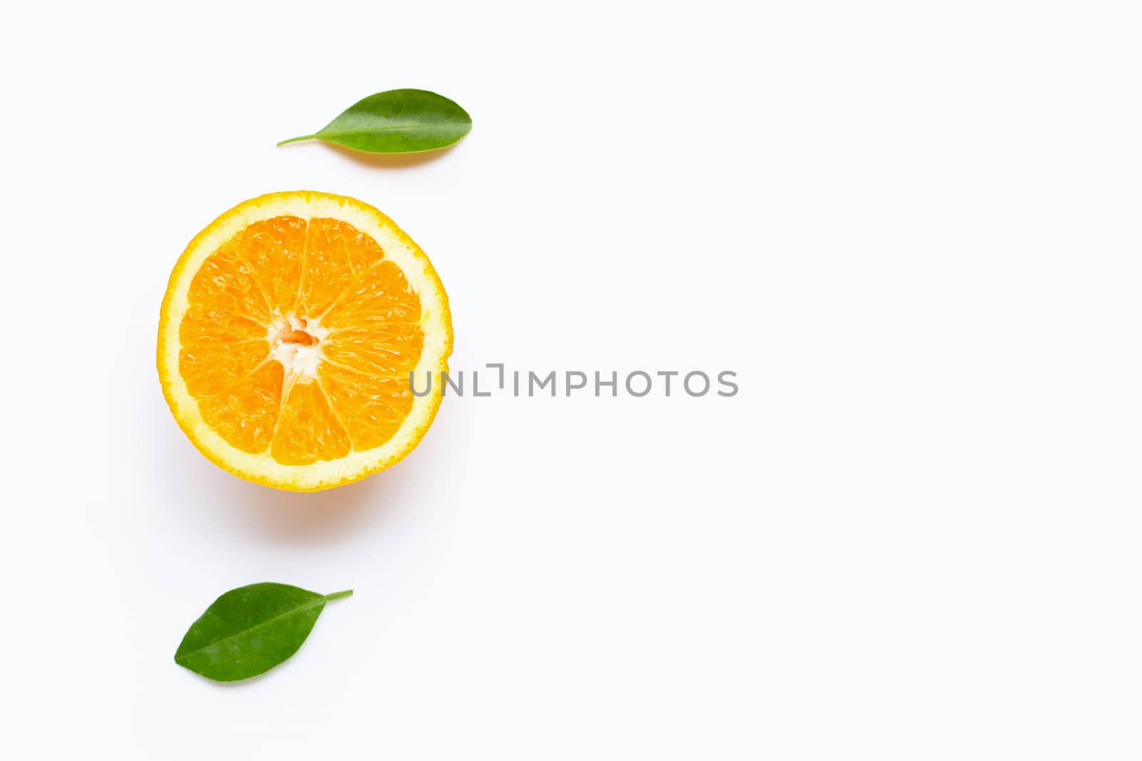 Fresh orange citrus fruit with leaves isolated on white background. Copy space