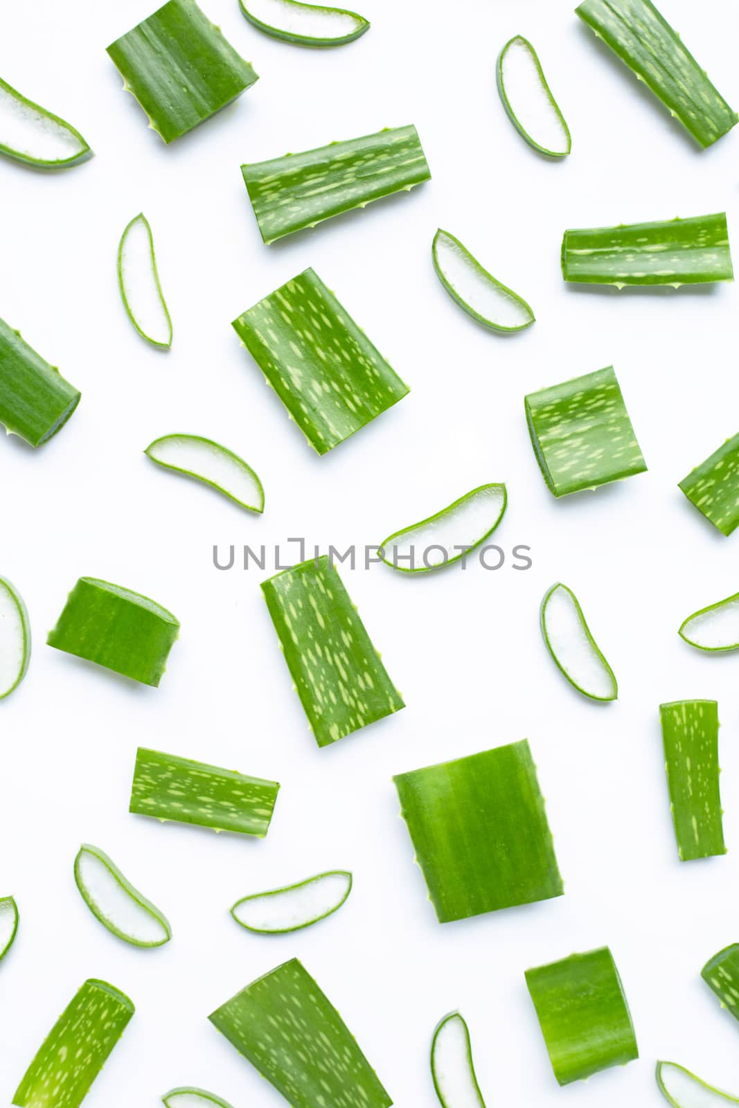Aloe Vera cut pieces with slices on white background.  by Bowonpat