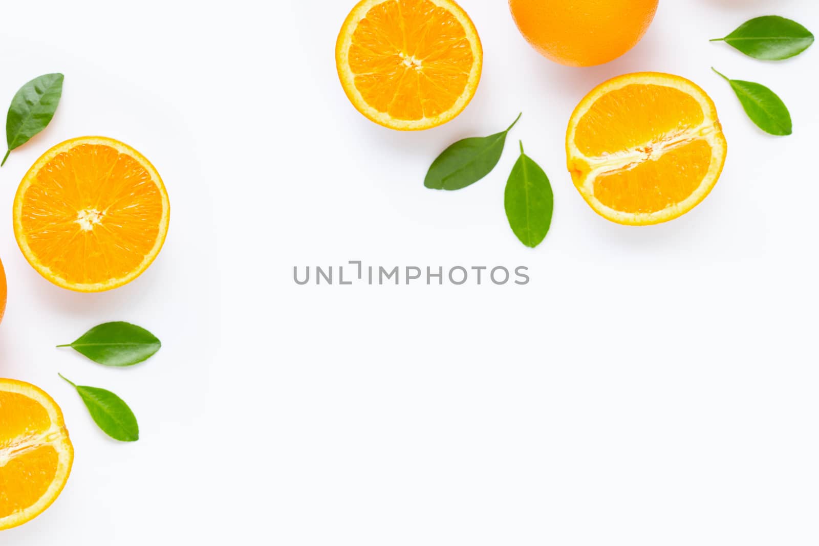 Fresh orange citrus fruit with leaves isolated on white background. Juicy and sweet