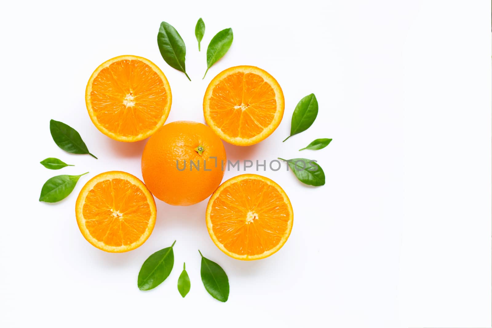 Fresh orange citrus fruit with leaves isolated on white background. Juicy and sweet