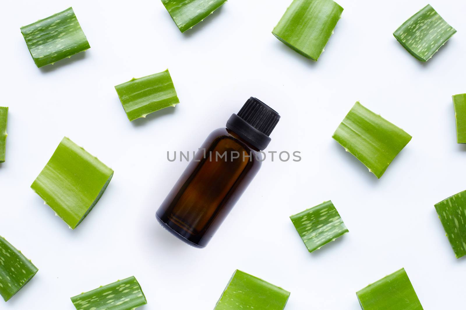 Essential oil with Aloe vera, Aloe vera is a popular medicinal plant for health and beauty, on a white background.