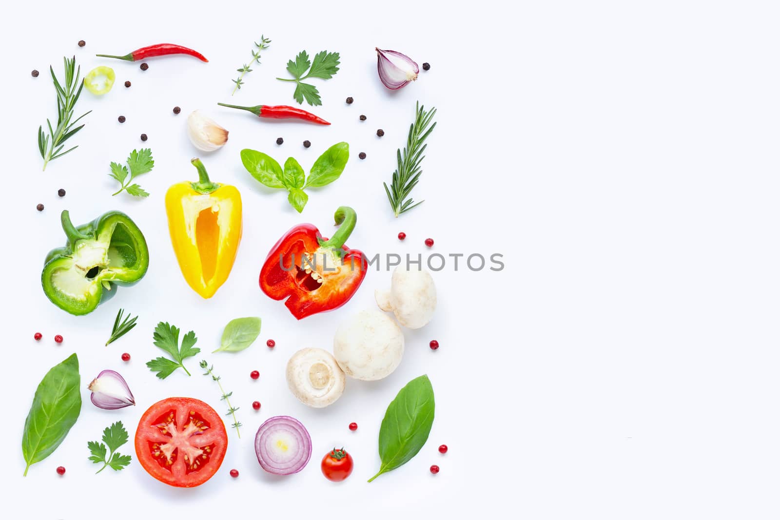 Various fresh vegetables and herbs on white background. Healthy eating concept