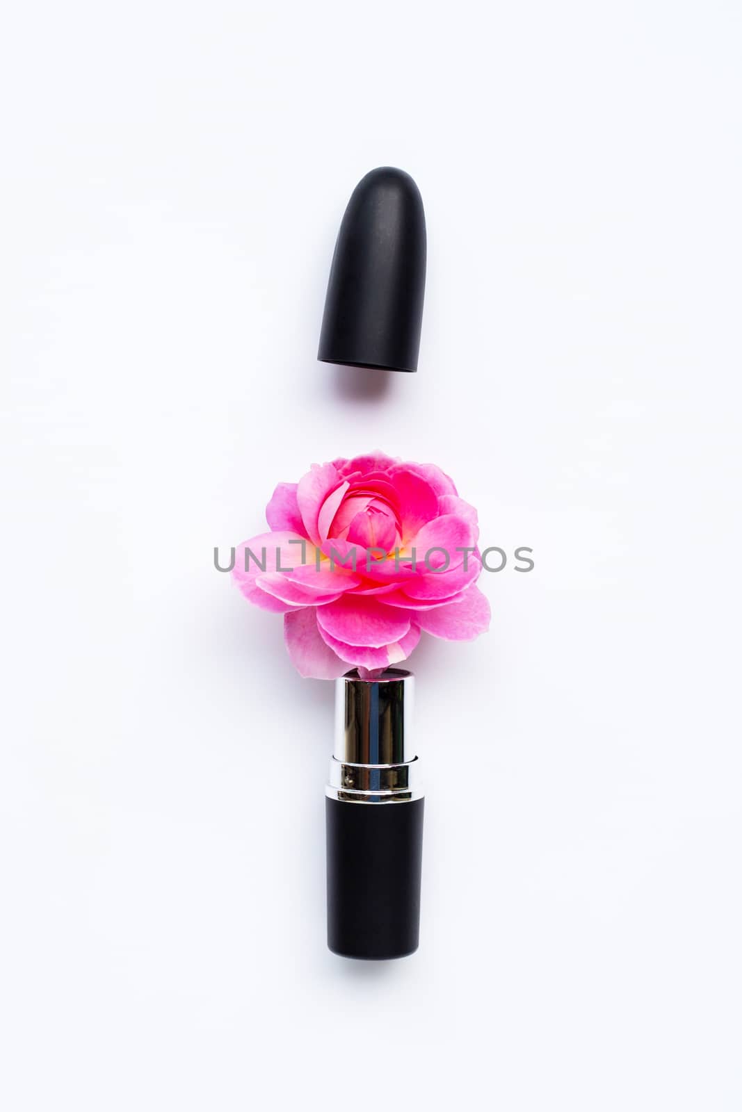 Lipstick with rose flower on  white background. Beautiful Make-up concep. Top view