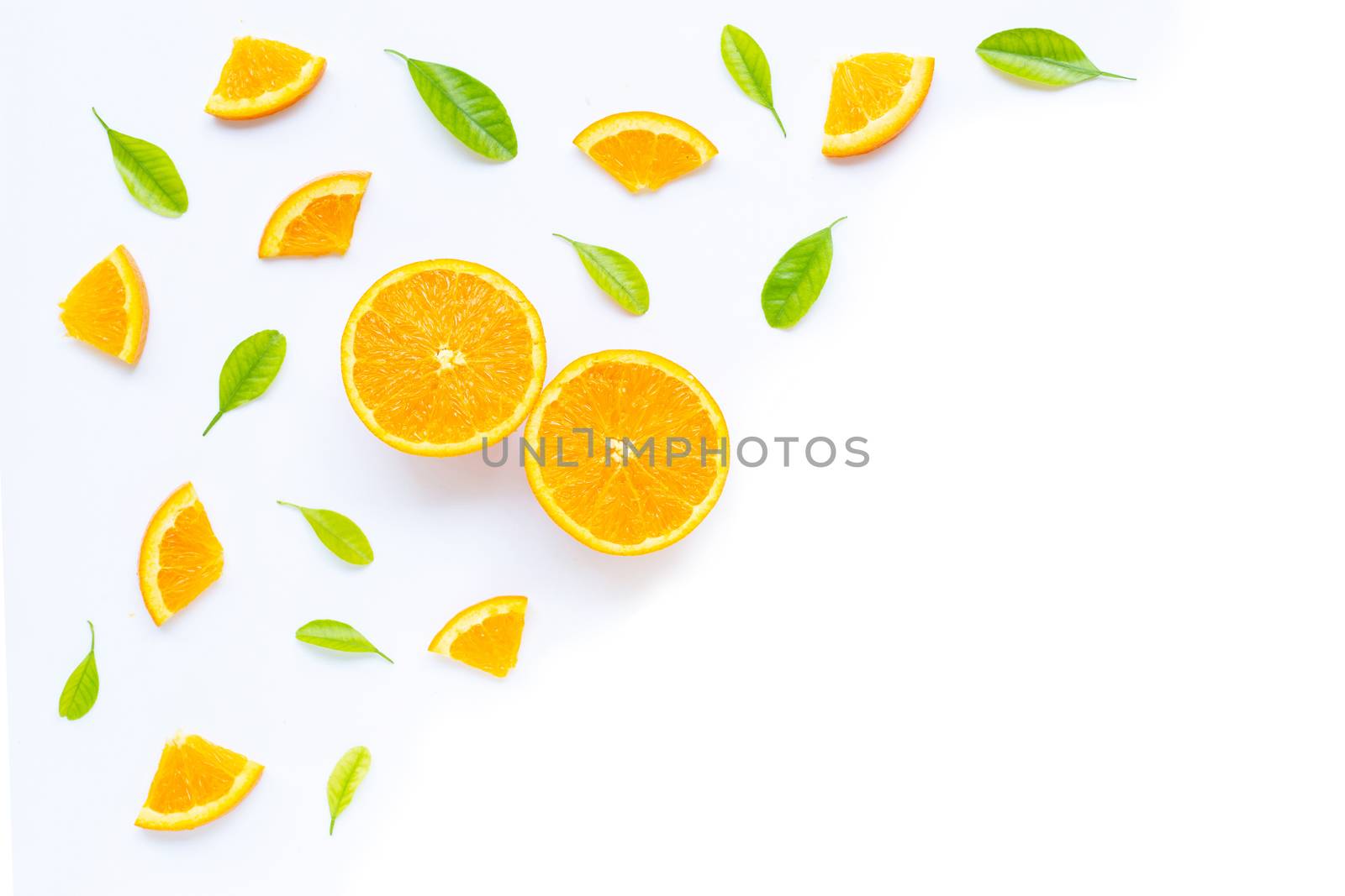 High vitamin C, Juicy and sweet. Fresh orange fruit with green leaves  on white background