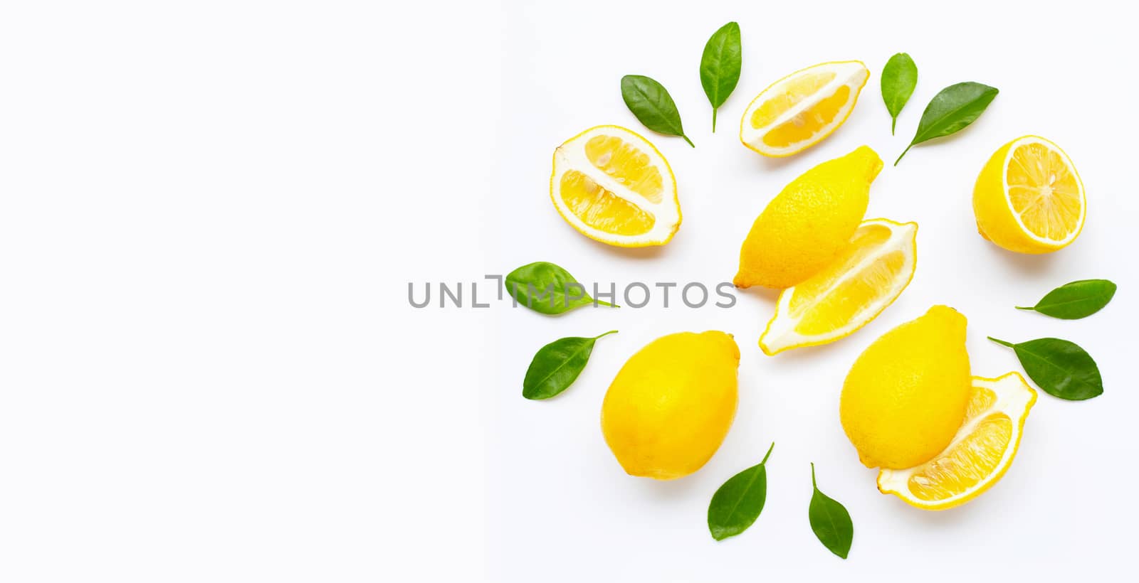Fresh lemon and  slices  with leaves isolated on white background.