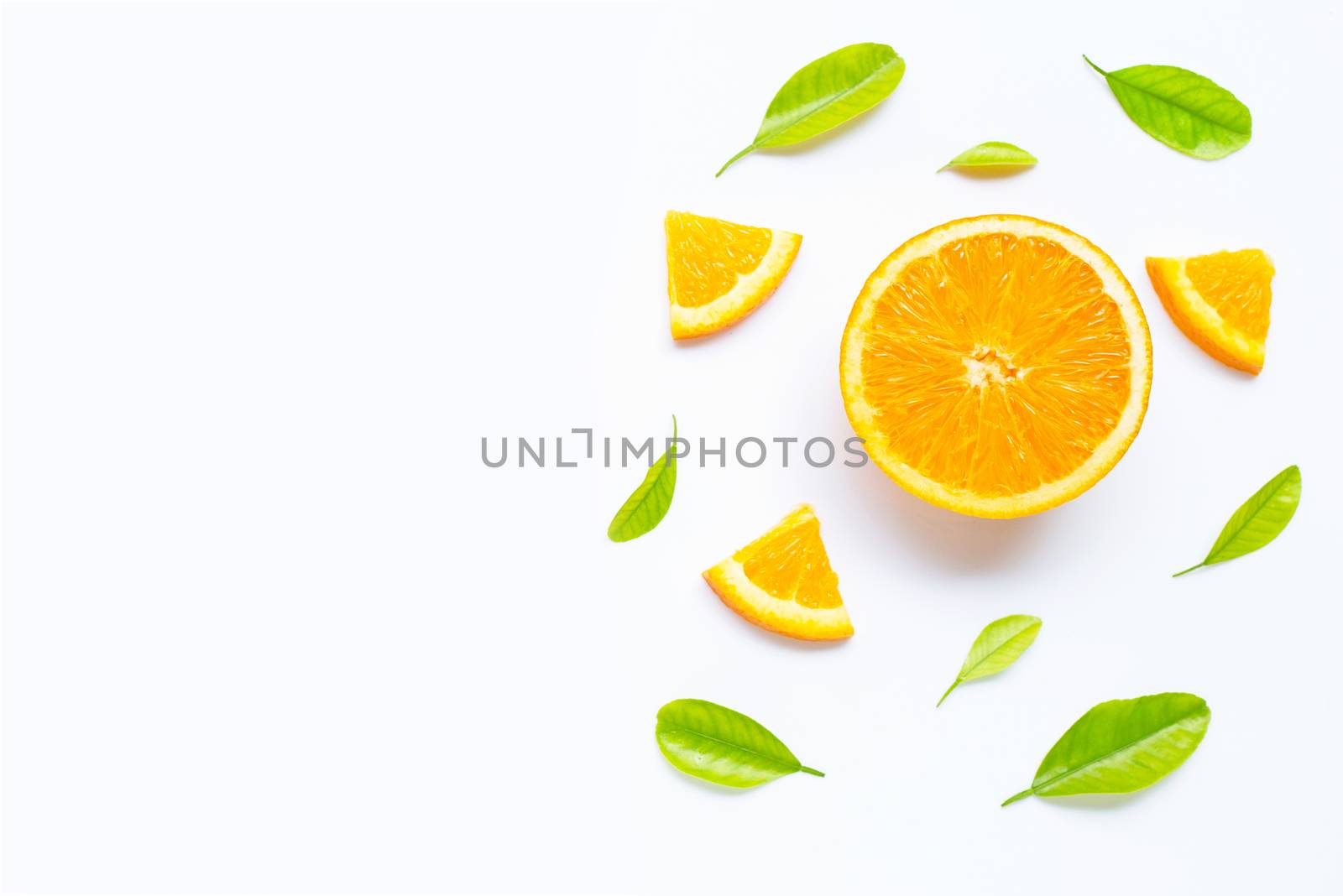 High vitamin C, Juicy and sweet. Fresh orange fruit with green leaves  on white background