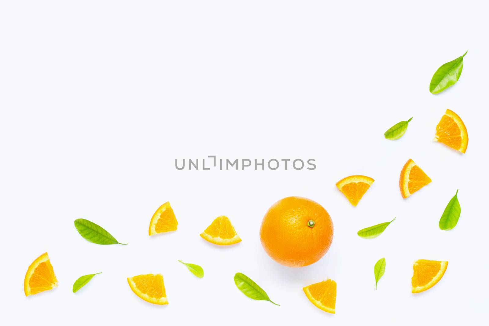 High vitamin C, Juicy and sweet. Fresh orange fruit with green leaves  on white background