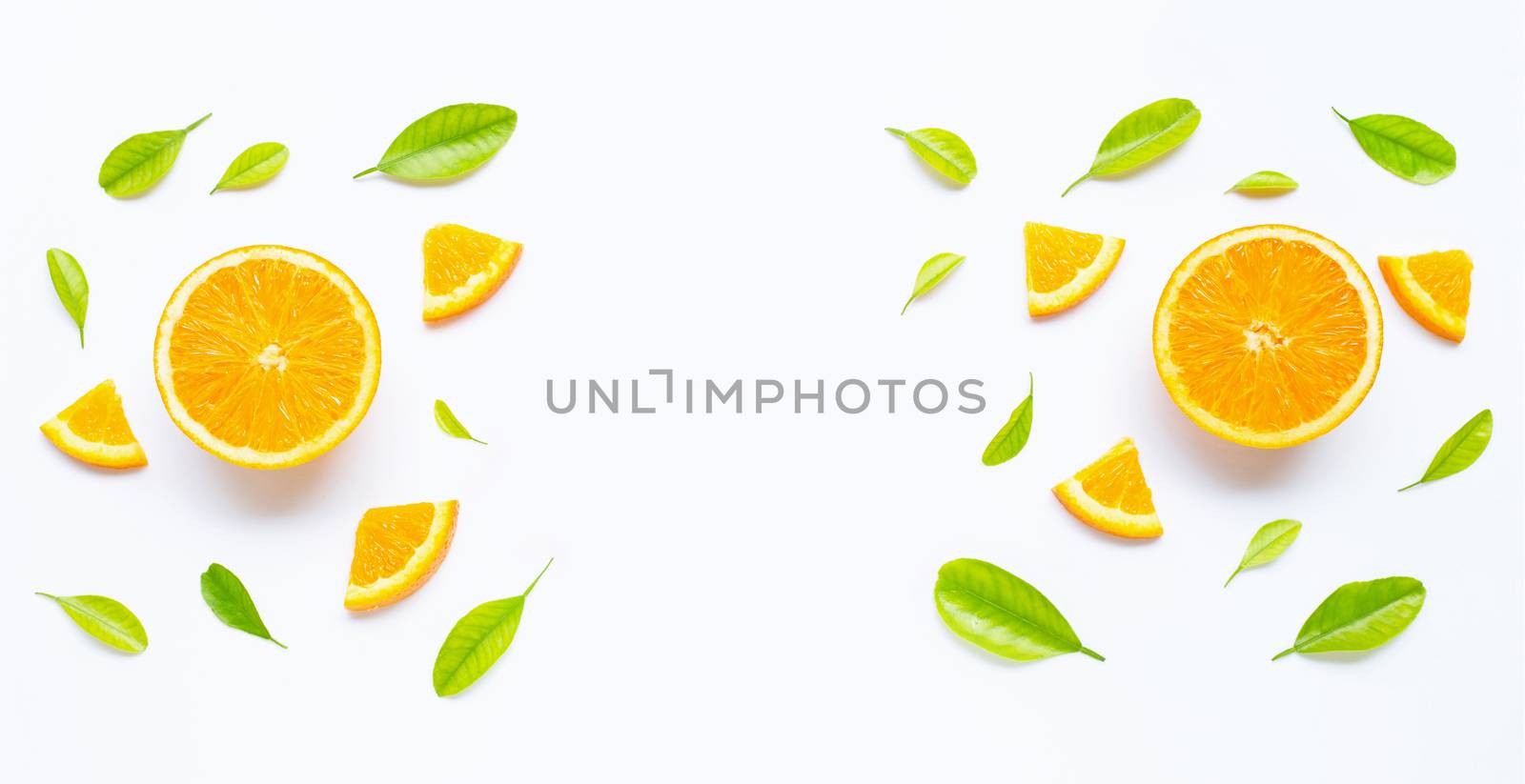 High vitamin C, Juicy and sweet. Fresh orange fruit with green leaves  on white background
