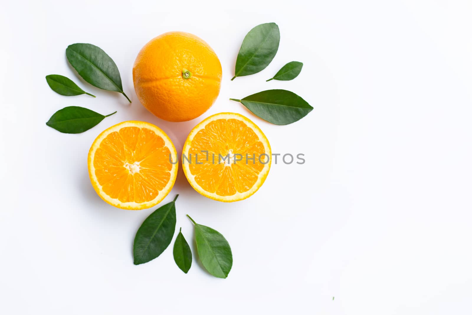 Top view of orange fruits and leaves isolated on white background.