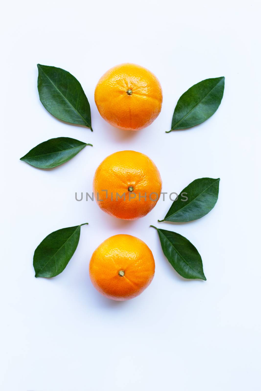 Orange fruits and leaves isolated on white background.